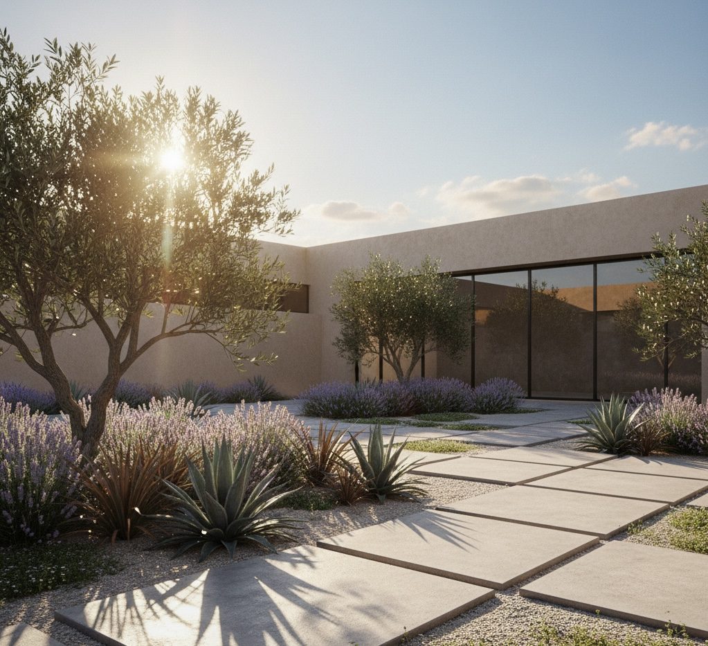 Modern courtyard landscape design with olive trees, agave, and lavender along a concrete paver path