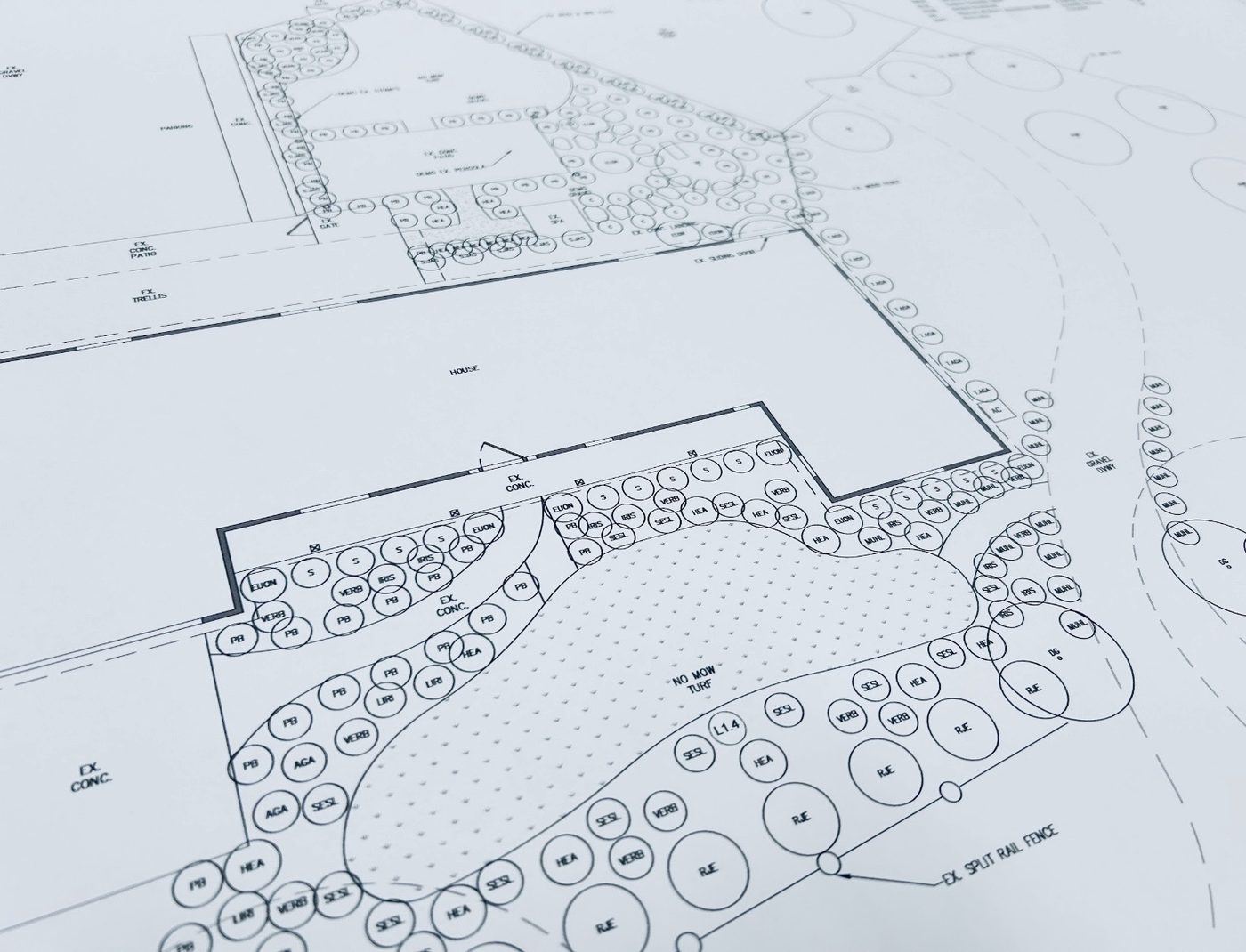 Planting plan detail around a house with no-mow turf area