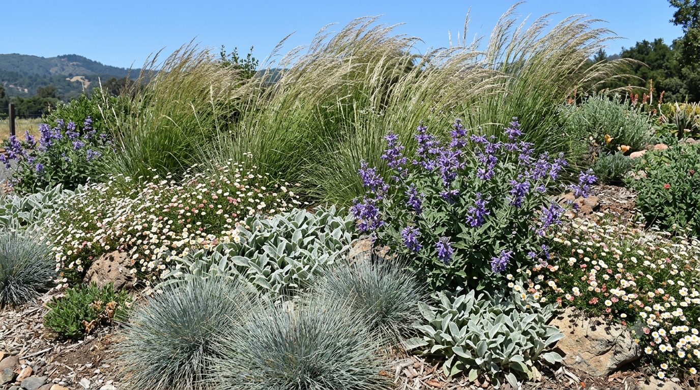 Finished drought-tolerant planting bed with native grasses and salvia