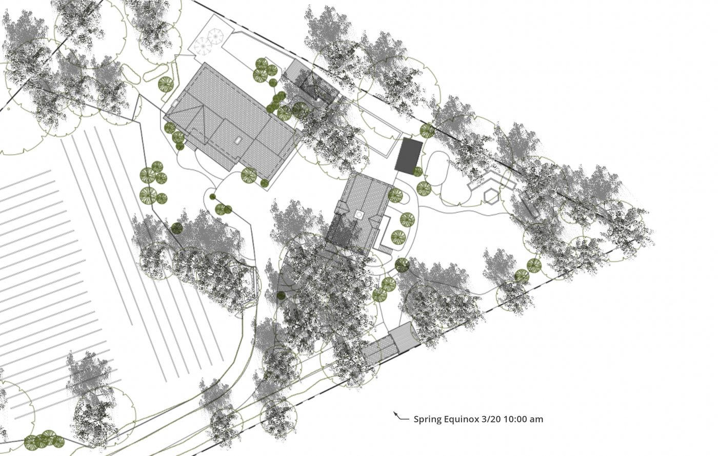 3D aerial shadow study of a residential site at spring equinox